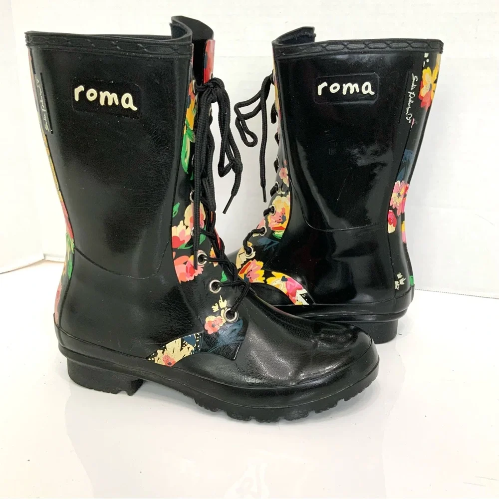 ROMA by Sadie Robertson Sz 7 Epaga Black Floral Mid‎ Calf Lace-Up Rain Boots